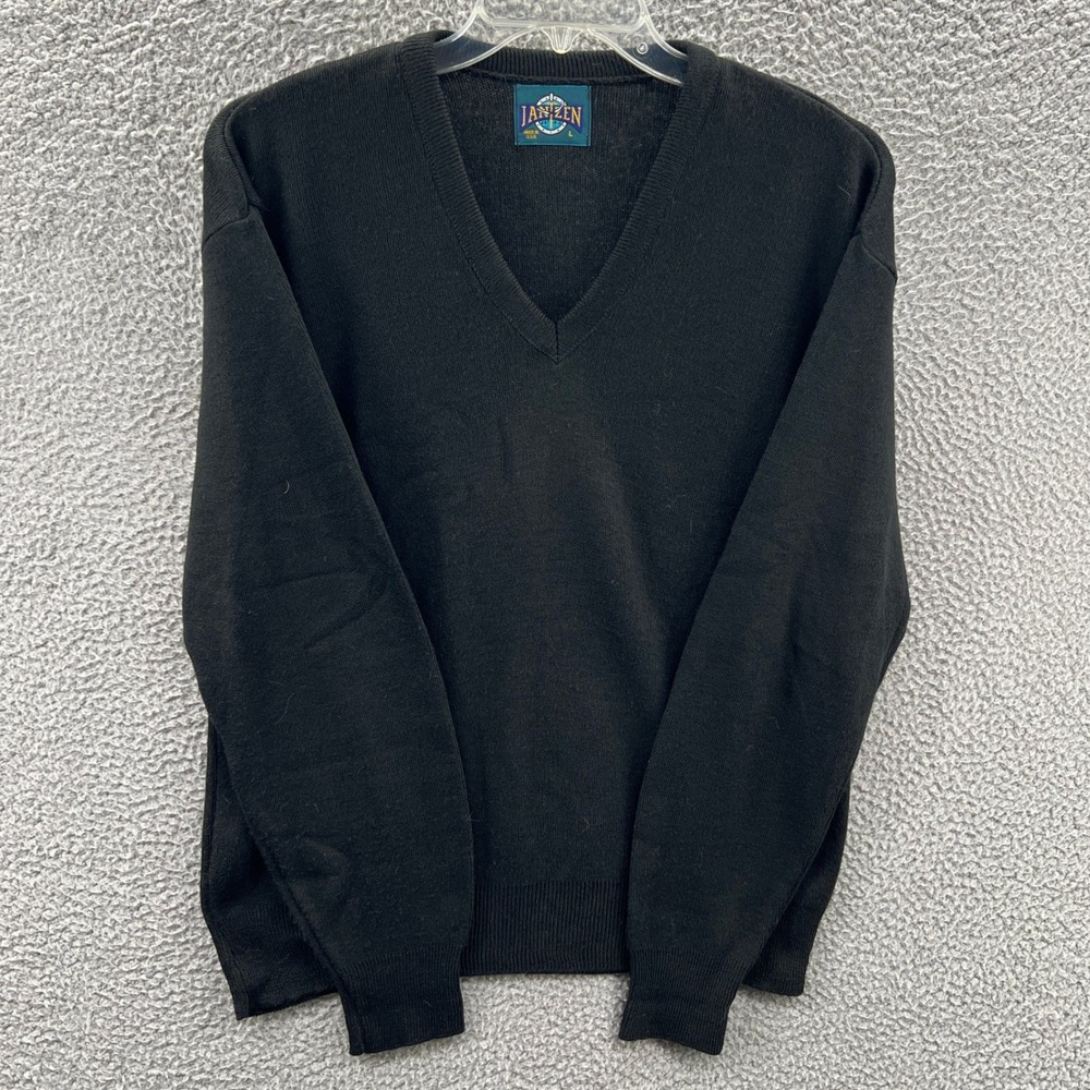 Vtg Jantzen Mens Black V Neck Sweater Large Grandpa Academia Minimal Grunge Dad
